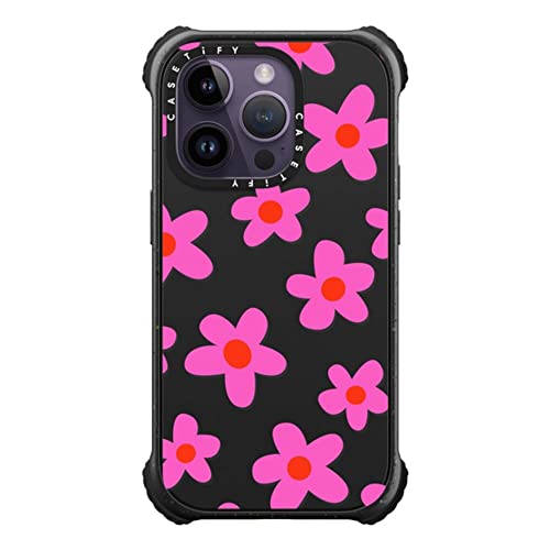 Coque iPhone 14 Pro Casetify Ultra Impact Magsafe à fleurs rétro rose et noir mat