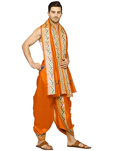 Image of Rameshwaram Fabrics Readymade Dhoti for Men, Velcro Style Stitched Mens Silk Dhoti Pant with Stole Set