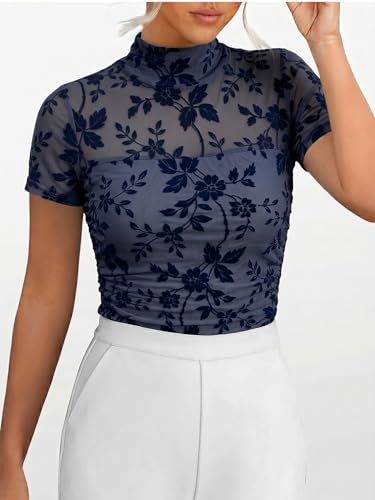 ANRABESS Womens Summer Sexy Mock Turtle Neck Short Sleeve Tops Sheer Mesh Shirts Slim Blouse Trendy Ruched Going Out Outfits Dusty Blue Floral-XL — view 3