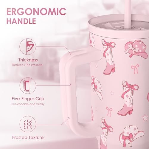 Image of SANDJEST Cowgirl 40oz Slider Tumbler with Handle and Straw - Insulated Stainless Steel Travel Coffee Mug for Women Girls, Gift for Birthday, Christmas