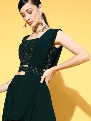 Image of TRENDMALLS Women's Chikankari Sequins Work Embroidery Georgette Lehenga Choli with Dupatta For Women-L246-DarkGreen(Bridal-Latest-Wedding-Festive-Lehenga-Free size)