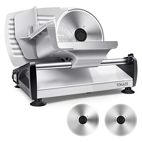 TOKASS Meat Slicer, 200W Electric Slicer For Home Use with 2pcs 7.5'' Stainless Steel Blades, Electric Deli food Slicer, Adjustable Thickness for Meat, Cheese, Bread, Easy Clean (200W-Bright Silver) Cover