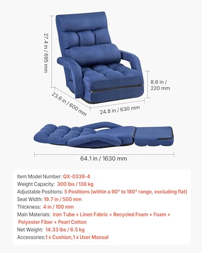 Image of VEVOR Floor Chair, 5 Adjustable Positions Folding Floor Gaming Chair with Back Support, Armrests, and Cushion, Sturdy Metal Frame with Recycled Foam and Linen Fabric, for Reading, Relaxing, Dark Blue