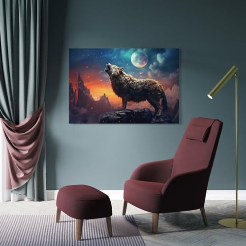 Impression sur toile loup gris encadrée avec lune abstraite