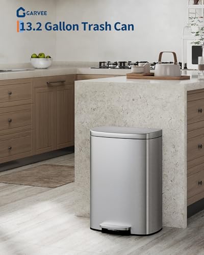 Image of Garvee 13 gal (50 L) and 2.6 gal (10 L) Stainless Steel Trash Can Combo Set, Rustproof Garbage Can with Lid for Kitchen and Bathroom, Step-on Trash Bin with Inner Bucket, Rear Handle, Silver