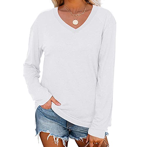 DUTUT Casual Long Sleeve Womens V Neck Fall T Shirts Solid Color Loose Fit Basic Tops White