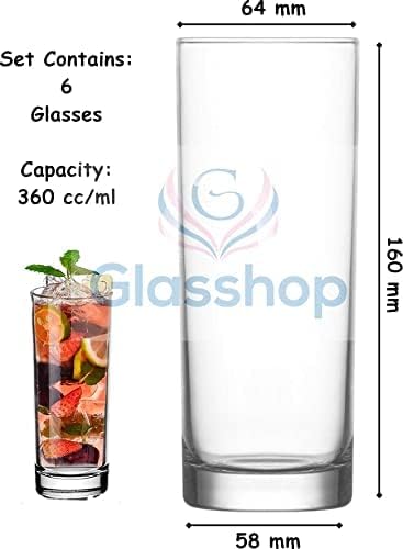 Hiball Clear Glasses. Tall Drinking Water / Juice Glass. ( Set of 6 ) 360 ml.