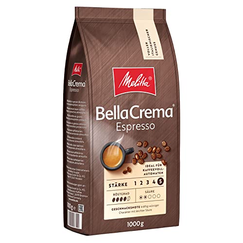 Melitta BellaCrema Espresso Ganze Kaffee-Bohnen 1kg, ungemahlen, Kaffeebohnen für Kaffee-Vollautomat, kräftige Röstung, geröstet in Deutschland, Stärke 5