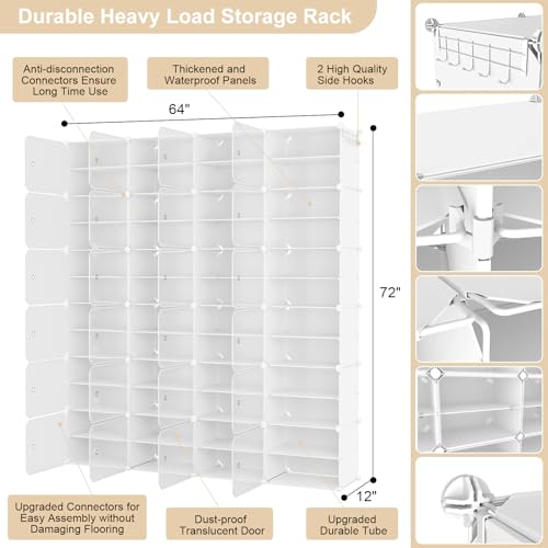 Image of Portable Shoe Rack Organizer with Door, 96 Pairs Shoe Storage Cabinet Easy Assembly, Plastic Adjustable Shoe Storage Organizer Stackable Detachable Free Standing DIY Expandable 12 Tier White