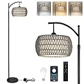 Arc Floor Lamp for Bedroom, Boho Standing Lamp with Remote & LED Smart Bulb, Rattan Floor Lamps for Living Room with 3 Color Temperatures, Height Adjustable Corner Tall Lamp, Stand up Lamp for Office