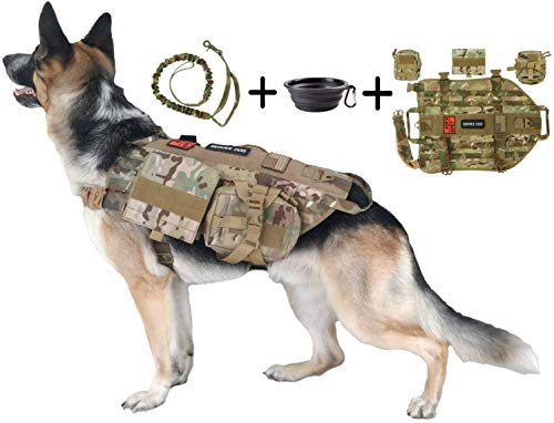 TCS Dog Tactical Harness (XL) – 1000D Nylon Molle Vest Includes Leash | 3 Pouches | 3 Patches | Collapsible BPA Free Bowl