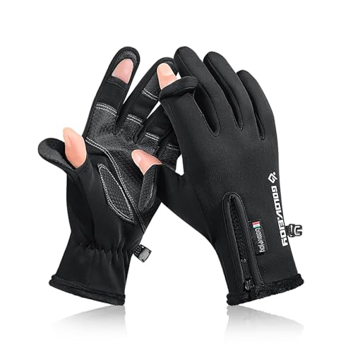 SunGoddy アウトドアグローブ 2本指出し 釣り手袋 防寒グローブ 防風 防水 裏起毛 保温 スマホ対応 滑り止め 秋冬 スポーツ サイクリング手袋 登山 バイク 自転車グローブ メンズ レディース ブラック XXL