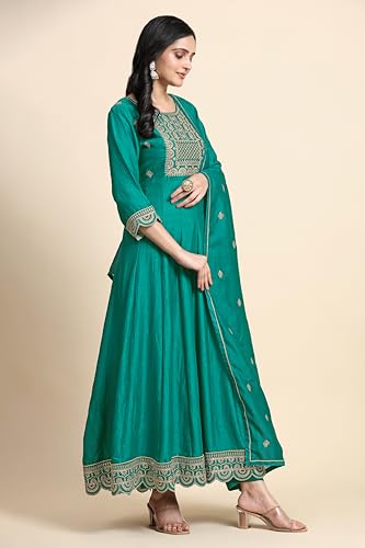 Image of TRENDMALLS Women's Art Silk Embroidery Salwar Suit Set A line Pleated Kurta Pant with Dupatta