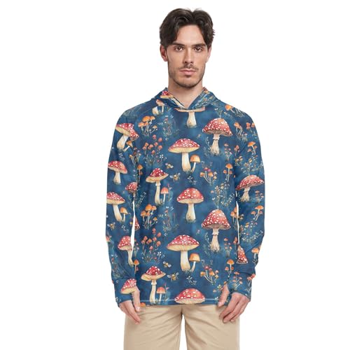 Wudan Red Mushrooms Royal Blue Mens Hoodies Shirts Long Sleeve Sailing Rash Guard UPF 50+ Sport Shirt S