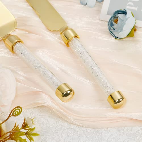Personalized Wedding Cake Knife And Server Set, Engraved Crystal Cake Cutting Set, Elegant Cake Cutter Set, Pie Server Pizza Knife Gift For Bridal Couples Shower Quinceañera (White Crystal Gold) #TOP4