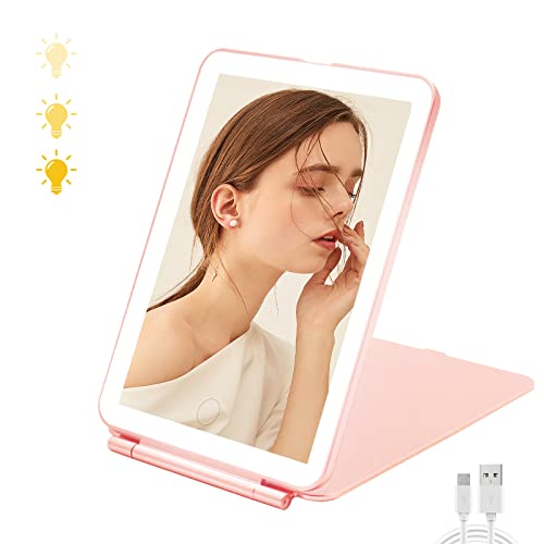Tanshine Travel Makeup Mirror With Lights, Portable Lighted Vanity Mirror 3 Color Dimmable Lighting, Rechargeable Tabletop Led Folding Cosmetic Mirror With Lights For Travel & Women, Pink #TOP19