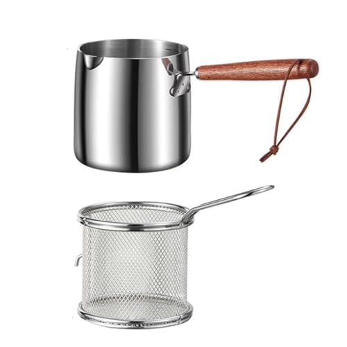 Zestaw garnków do frytkownicy, 900 ml, garnek ze stali nierdzewnej 304 z drewnianym uchwytem, sitkiem i koszykiem filtrującym, do kuchenek gazowych i indukcyjnych (kolor stali, 2 szt./zestaw)