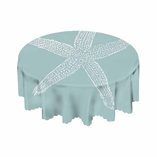 Yibeas Tablecloth Round White Starfish Table Cloth Ocean Wildlife Sketch Granular Tube Feet Tentacle Sea Nature Cyan Table Cover For Dining Room Kitchen Decoration 60Inch #TOP4