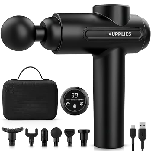 JUPPLIES Pistola de Masaje Muscular 30 Velocidades - 6 Cabezales, Silenciosa, 5H Autonomía, Pantalla Táctil LCD, Estuche y Carga USB-C | Masajeador Cervical y Espalda Profesional (Pistola)