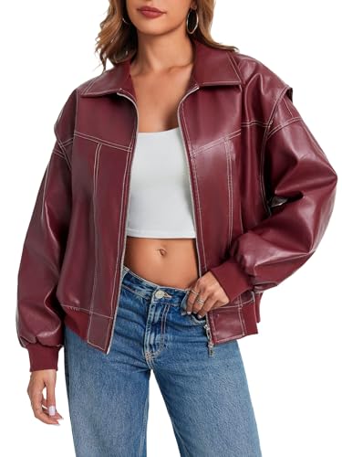 Tankaneo Womens Oversized Leather Bomber Jackets Cap Sleeve Zip Up Motorcycle Coats with Pockets2