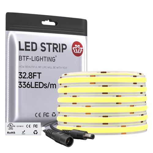 BTF-LIGHTING FCOB COB LED Strip Warm White 3000K, UL Listed 32.8FT DC24V Super Bright Uniform Light...