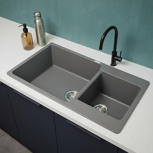 Image of ARQUIN Double Bowl Quartz Kitchen Sink 34x20x9 Inch Grey Granite, UV Protected, Undermount /Topmount Noise Reducing Quartz Sin For Kitchen Basin