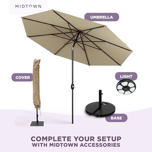 Image of Midtown Umbrellas - The Lean 10 Ft Patio Umbrella with 10-Year-No-Fade Acrylast Acrylic Fabric, Auto-Tilt and 8 Reinforced Ribs for Deck, Pool, Garden, Hotel & Cafes - Sahara Canopy, Black Pole