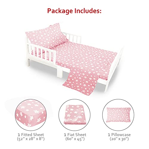 Toddler Bed Sheets For Girls, 3 Piece Toddler Sheet Set, Soft Breathable Toddler Bedding Sets Includes A Flat Sheet, A Fitted Sheet , A Pillowcase, Baby Bedding Sheet & Pillowcase Set, Pink Star #TOP4