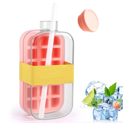 Ice Cube Bottle, 2 en 1 Cubitera con Tapa y Recipiente, Botella de Agua sin Contacto con Cubitera, Fácil de Presionar para Liberar el Hielo, Botella de Hielo para Bebidas, Café (800 ml)