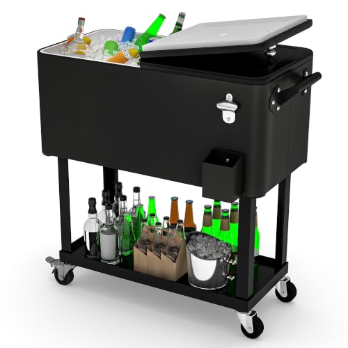 YITAHOME Cooler Cart with Bottle Opener Drainage, Portable Patio Cooler on Wheels, Outdoor Beverage Cart Ice Chest Cart, Black