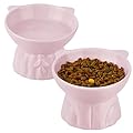 Ceramic Elevated Cat Bowls, 2 Extra Wide Raised Cat Bowls for Food and Water, Shallow Cat Food Dish Whisker Friendly, Anti Vomit Cat Bowls Microwave and Dishwasher Safe, Great Height for Cat (Pink)