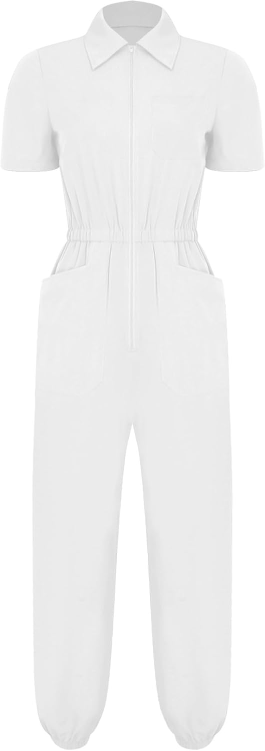 Lejafay Women's Scrubs Jumpsuit Short Sleeve Zipper Medical Nursing Uniform One-piece Work Coveralls