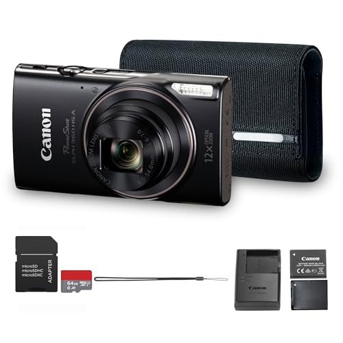 Canon PowerShot ELPH 360 HS A Digital Camera (Black) | 20.2MP CMOS Sensor, 12x Optical Zoom & Built-in Wi-Fi | Compact Point-and-Shoot for Travel & Everyday Photography (7280C001) + 64GB Card + Bag +