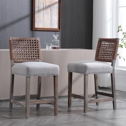 Woven-Rope-Back-Bar-Stools-Set-of-2-Armless-Counter-Height-Stools-Wooden-Farmhouse-Barstools-for-Kitchen-Island-Dining-Room-Bar-Pubs-Clubs-Cafe-Linen-Grey-Brown-Paper Woven Rope Back Bar Stools Set of 2 Armless Counter Height Stools Wooden Farmhouse Barstools for Kitchen Island Dining Room Bar Pubs Clubs Cafe Linen Grey Brown Paper