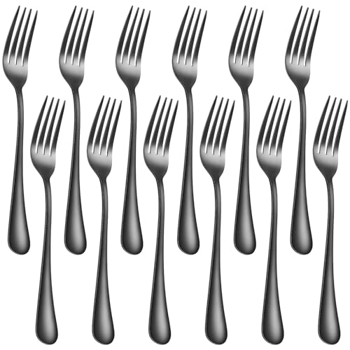 12 Piece Dinner Forks, 8 Inch, Top Food Grade Extra-Fine Stainless Steel Silverware Forks,Silverware Set, Dishwasher Safe (Black)