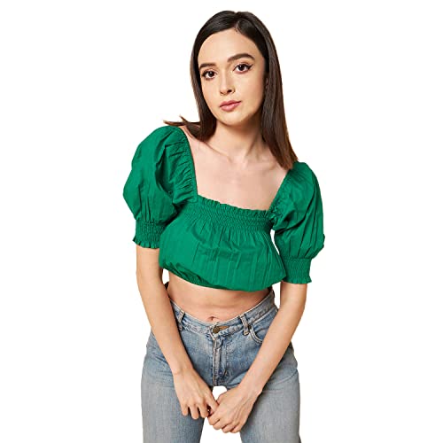 Image of HIGH Star Women's Square Neck Puff Sleeve Pure Cotton Slim Fit Blouson Top