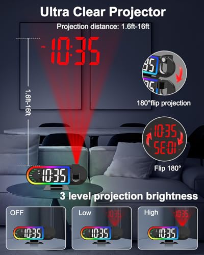 Projection Alarm Clock for Bedroom Ceiling, 8.5" Large Display Alarm Clock with 180° Rotatable Projector, 4 Brightness, 17 Ambient Light, Temp & Weekday, Snooze, Digital Clocks for Home Decor - Image 3
