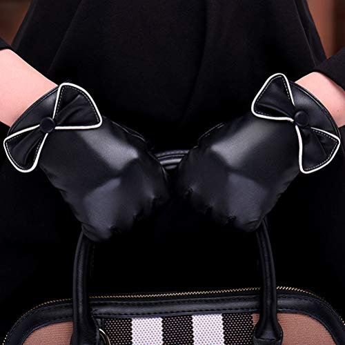 Lioobo 1 par de luvas femininas de couro com laço para tela sensível ao toque, luvas quentes de inve