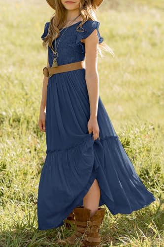 Image of MITILLY Girls Lace Flower Wedding Guest Long Maxi Dress for 6-12 Years | Girls Boho Dress, Girls' Special Occasion Dresses, Wedding Party, Size 6-12 Years, Ruffle Sleeve, A Line, With Pockets