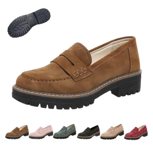 Womens Loafers Shoes Platform Chunky Suede Loafer Orthopedic Platform Chunky Loafers Shoes Comfortable Slip-On Sole Work (Brown,