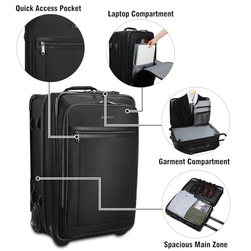 Travel Suitcase with Wheels, Soft Sided Luggage with Built in Garment Bag & Front Laptop Compartment, 22 Inch Rolling Suitcase for Business Travel, Jet Black3