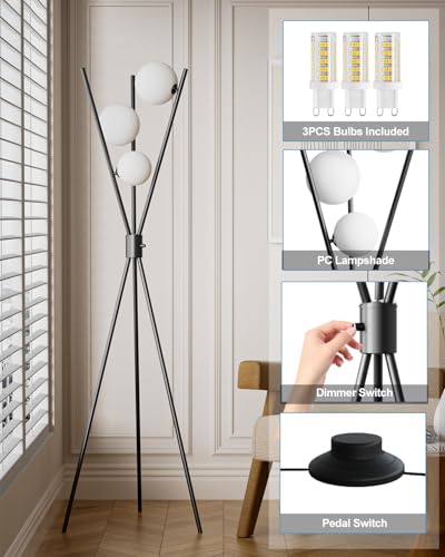 Image of Lightdot 60IN Dimmable Black Tripod Floor Lamp Mid Century Standing Lamps with 3Pcs 3000K Bulbs Included Eye Care&Stable Base Modern Tall Lamp for Living Room /Sofa Beside /Corner Decor