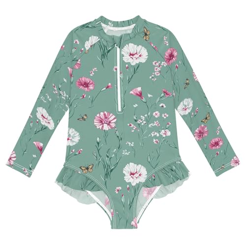 Cartoon Dianthus Sage Green Long Sleeve Swimsuit for Girl 1 Piecing Rash Guard Swimsuits Sun Protection Girls Bathing Suit