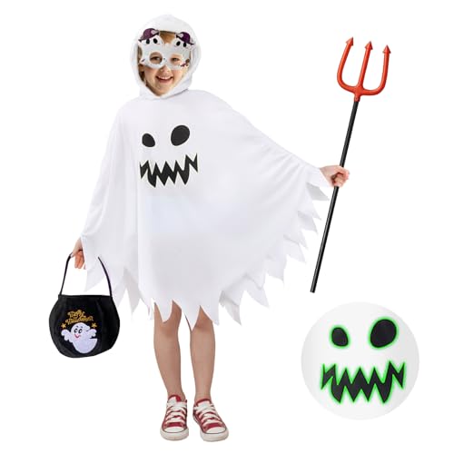 Joyue Disfraz De Fantasma Niño Halloween Capa Blanca Fantasma, Disfraz Infantil De Fantasma Con Bolso, Tenedor De Diablo Y Gafas Fantasma Para F Joyue Disfraz De Fantasma Niño Halloween Capa Blanca Fantasma, Disfraz Infantil De Fantasma Con Bolso, Tenedor De Diablo Y Gafas Fantasma Para F
