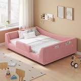 HAUOMS Floor Bed, Low Montessori 2-in-1 Convertible Beds, with Slats and High Rails, Upholstered Bed, Curve Round Frame, Girls and Boys, No Box Spring Needed, Easy Assemble (Pink, Full)