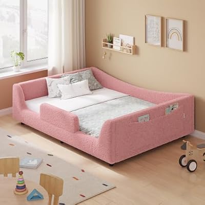 HAUOMS Floor Bed, Low Montessori 2-in-1 Convertible Beds, with Slats and High Rails, Upholstered Bed, Curve Round Frame, Girls and Boys, No Box Spring Needed, Easy Assemble (Pink, Full)