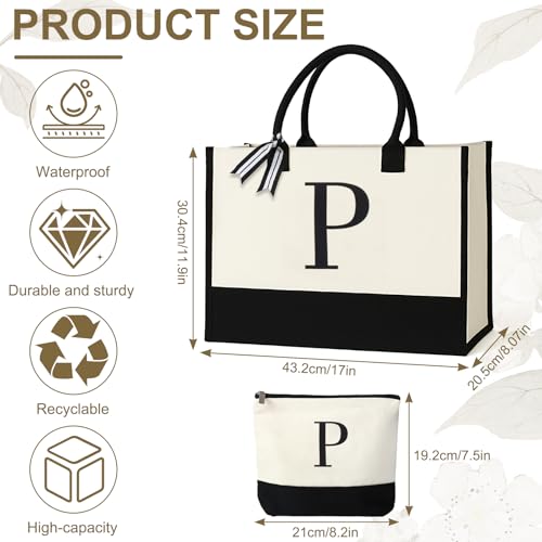 GENGBIN Personalized Canvas Tote Bag, Monogrammed Gift with Zipper Pouch for Women (P) by GENGBIN - Used condition - Image 4