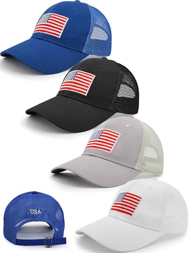 Image of 4Pcs USA Hats for Men Patriotic Hat Embroidered American Flag Baseball Cap | Classic USA Hat & USA Cap Set | 100% Cotton | American Flag Hats for Men Women | Adjustable Baseball Cap for Daily Wear