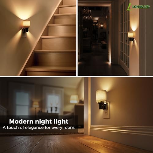 Image of L LOHAS LED Night Lights Plug into Wall, 2 Pack Linen Fabric Cylinder Decor Night Light, Dusk to Dawn Sensor Vintage Nightlight, 0-100LM Dimmable, for Bedroom Living Room Hallway