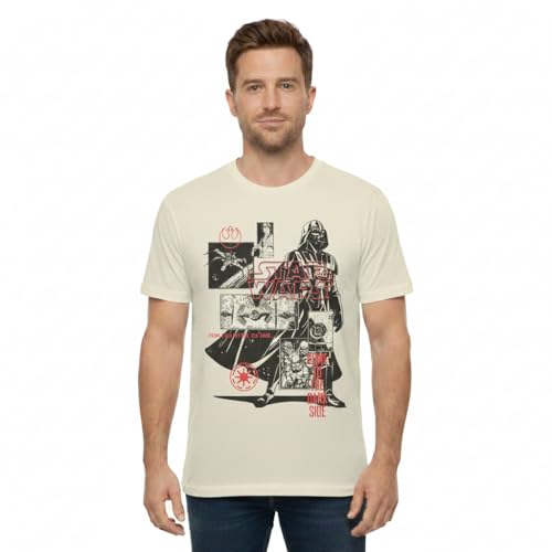 Image of Star Wars Men's Graphic T-Shirt – Darth Vader, Millennium Falcon & Bounty Hunters Short Sleeve Tee, Natural, XL